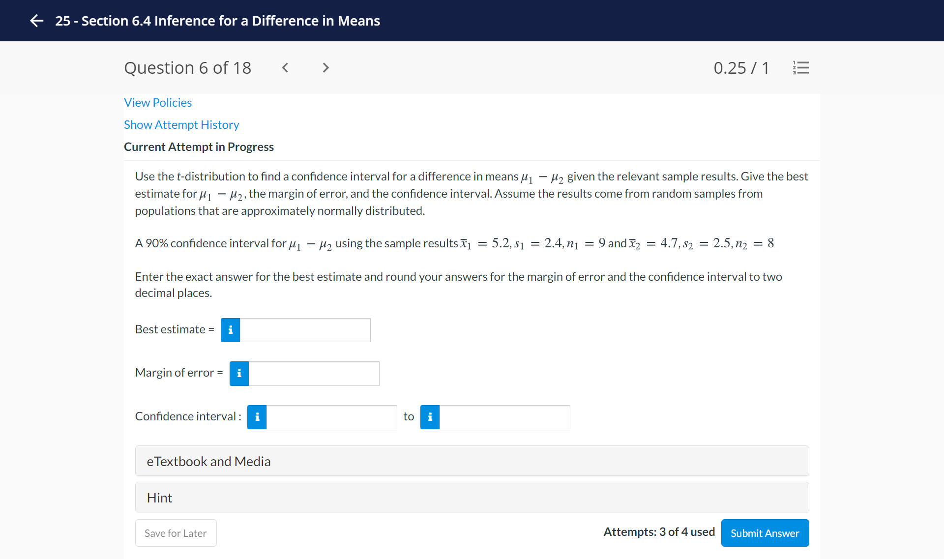 25 - Section 6.4 Inference for a Difference in Means Question 6