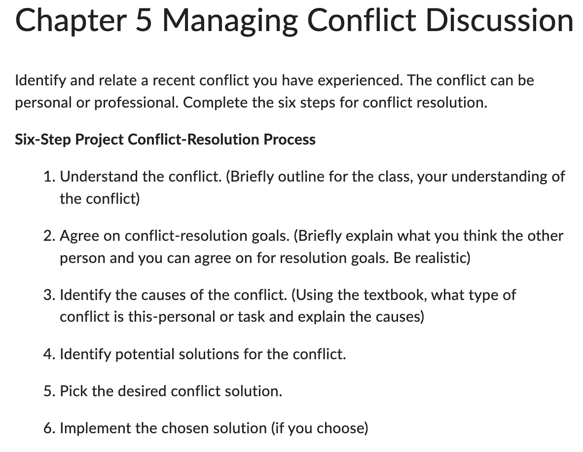 Chapter 5 Managing Conflict Discussion Identify and relate a recent conflict