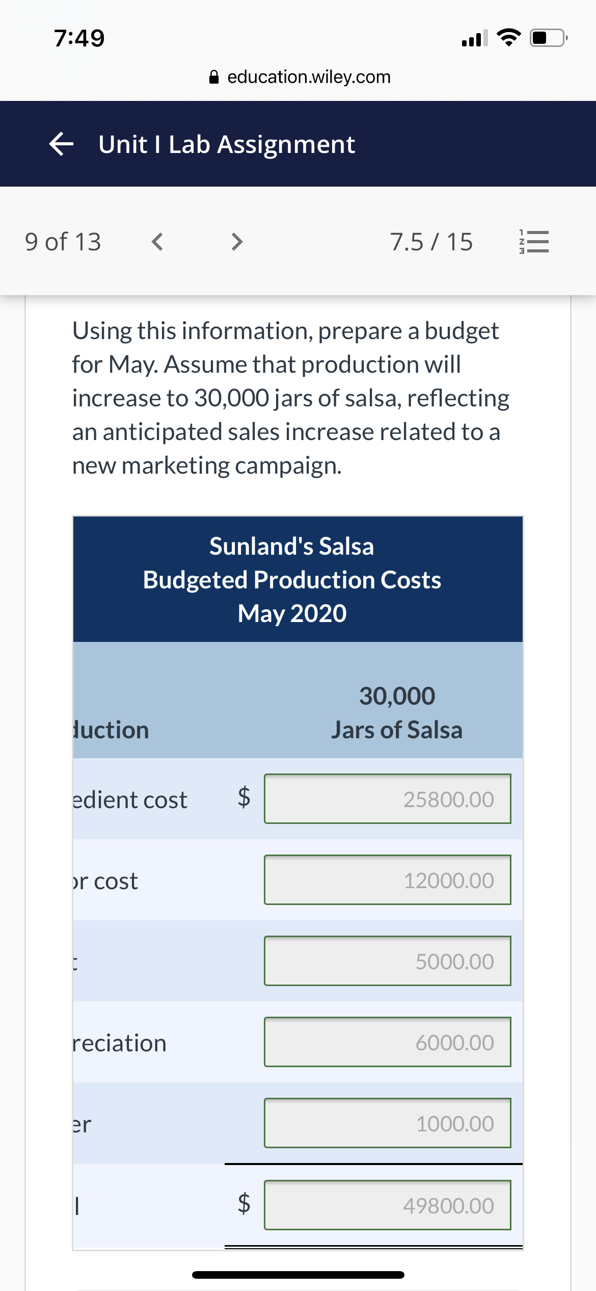  7:49 education.wiley.com - Unit I Lab Assignment 9 of 13 7.5/15