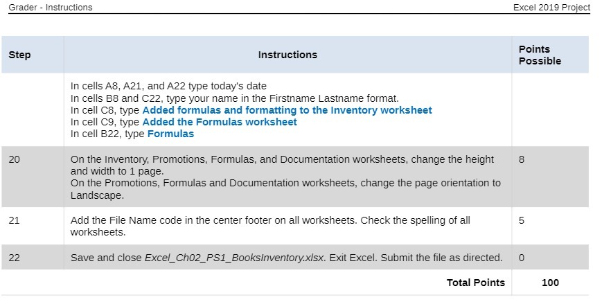  Grader - Instructions Excel 2019 Project Instructions Points Step Possible In