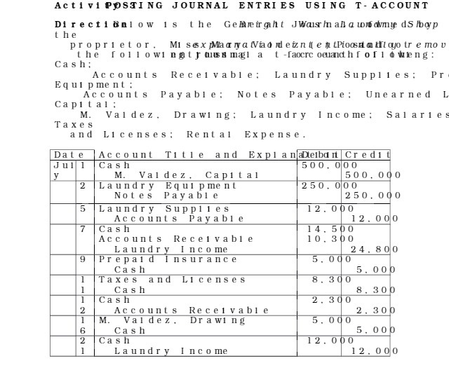 Activ1 POSTING JOURNAL ENTRIES USING T - ACCOUNT Directi Below is