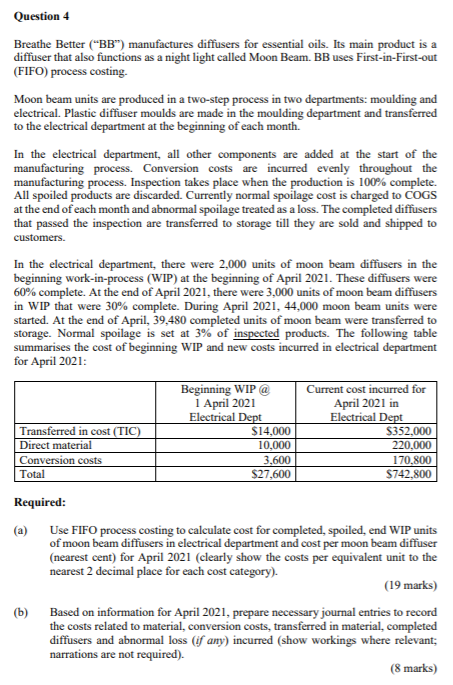 Question 4 Breathe Better ("BB") manufactures diffusers for essential oils. Its