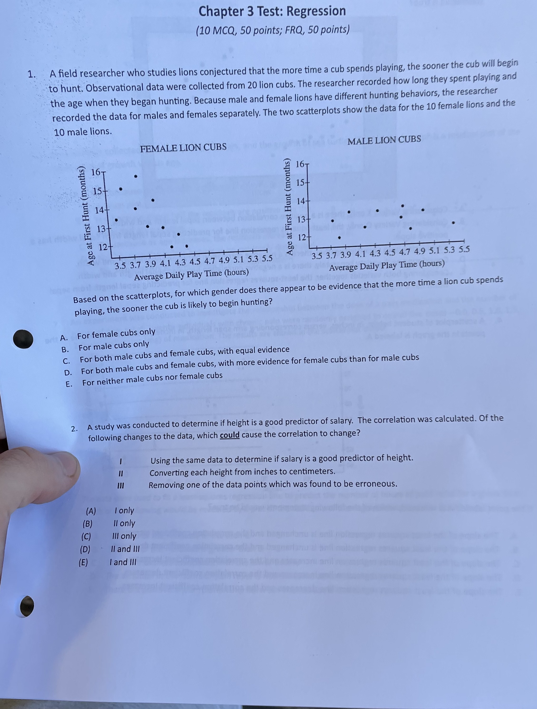 Chapter 3 Test: Regression (10 MCQ, 50 points; FRQ, 50 points)