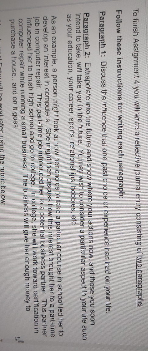 To finish Assignment 4 you will write a reflective joumal entry