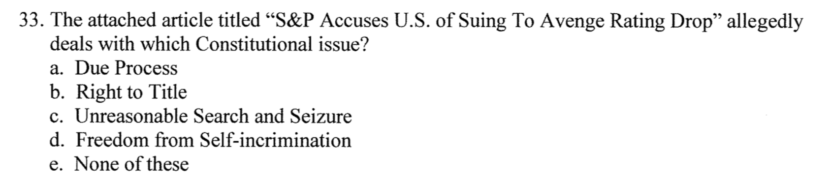 US. of Suing To Avenge Rating Drop\" allegedly deals with which Constitutional