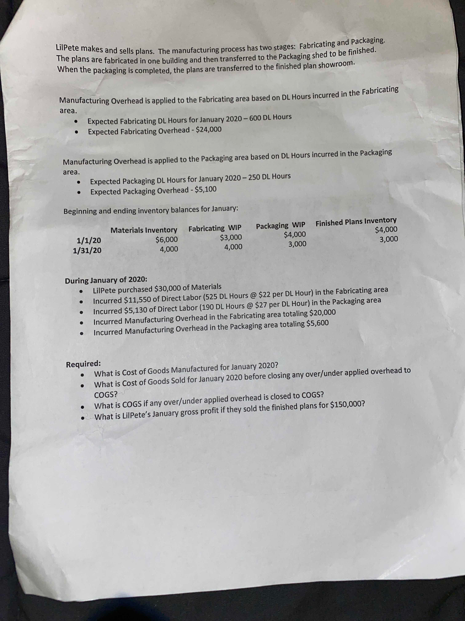  LilPete makes and sells plans. The manufacturing process has two stages: