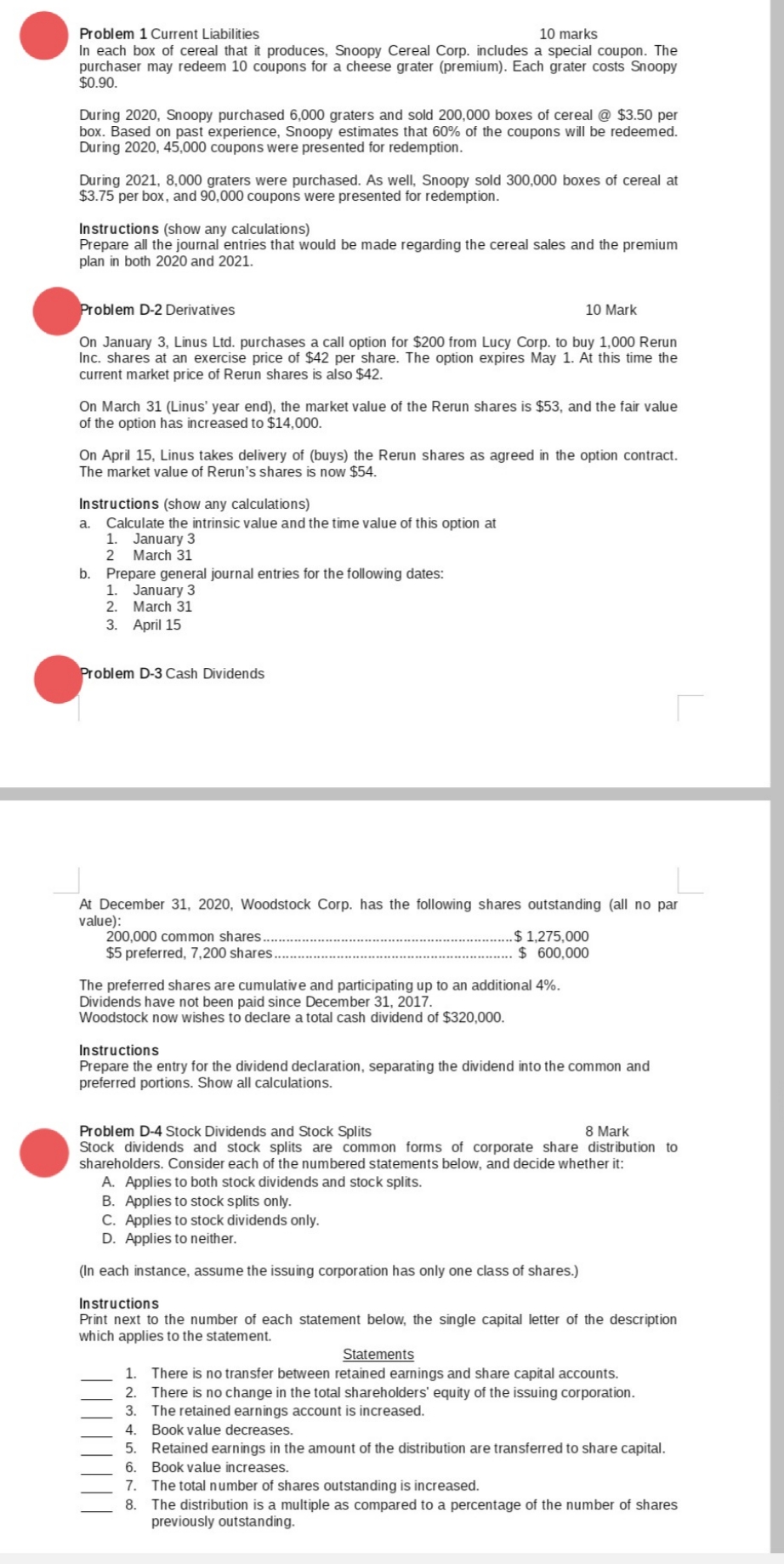 Intermediate Financial Reporting II Problem 1 Current Liabilities 10 marks In each