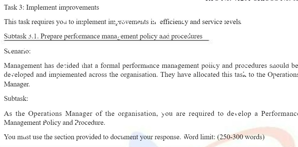 in efficiency and service levels. Subtask 3.1. Prepare performance management policy and