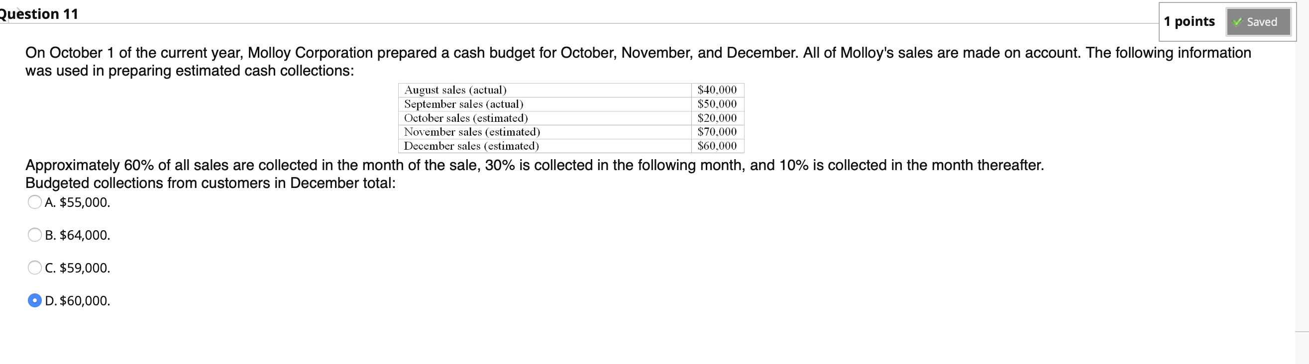 please provide answer. Question 11 1 points Saved On October 1 of