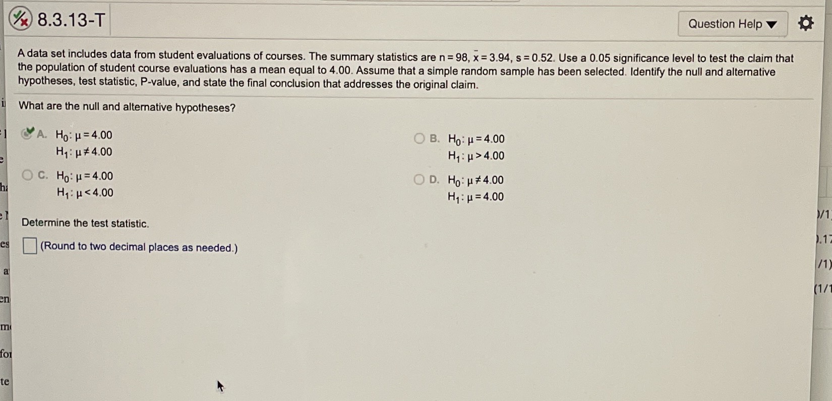 of courses. The summary statistics are n = 98, x = 3.94,