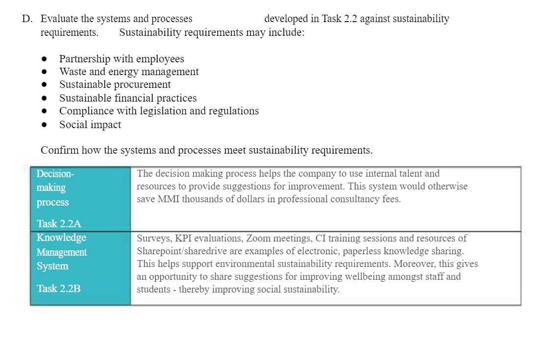 sustainability requirements. Sustainability requirements may include: Partnership with employees Waste and energy