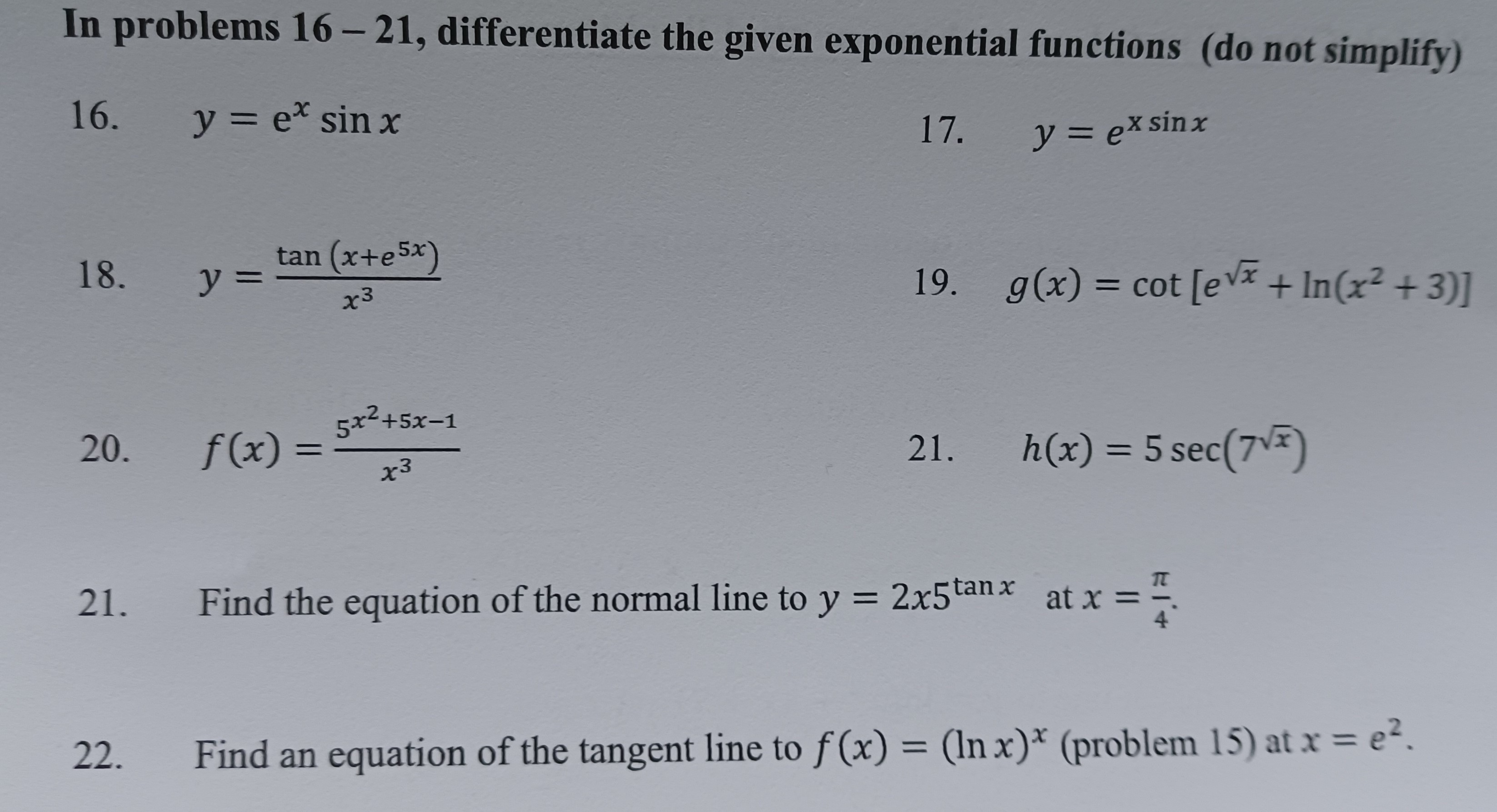simplify) 16. y = ex sin x 17. y = ex sinx
