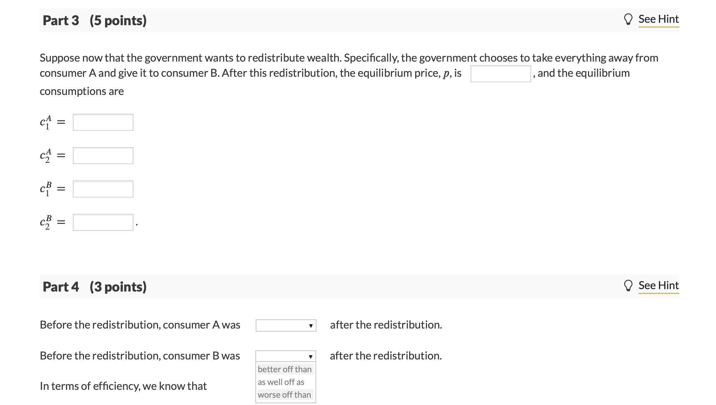 economy with two consumers, A and B, and two goods, c1 and