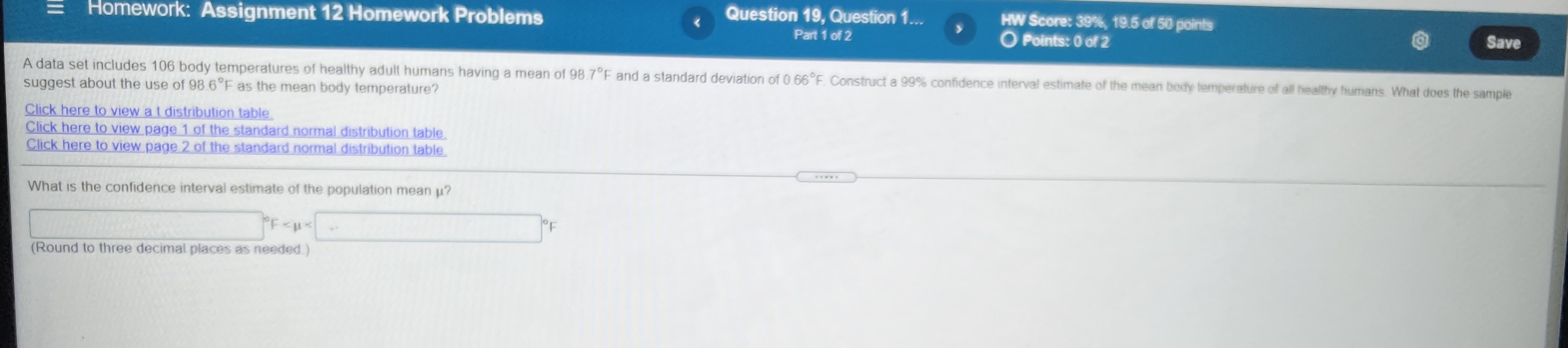 Question 19, Question 1.. HW Score: 39%, 19.5 of 50 points Part