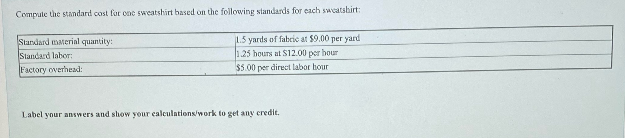 Help please Compute the standard cost for one sweatshirt based on the
