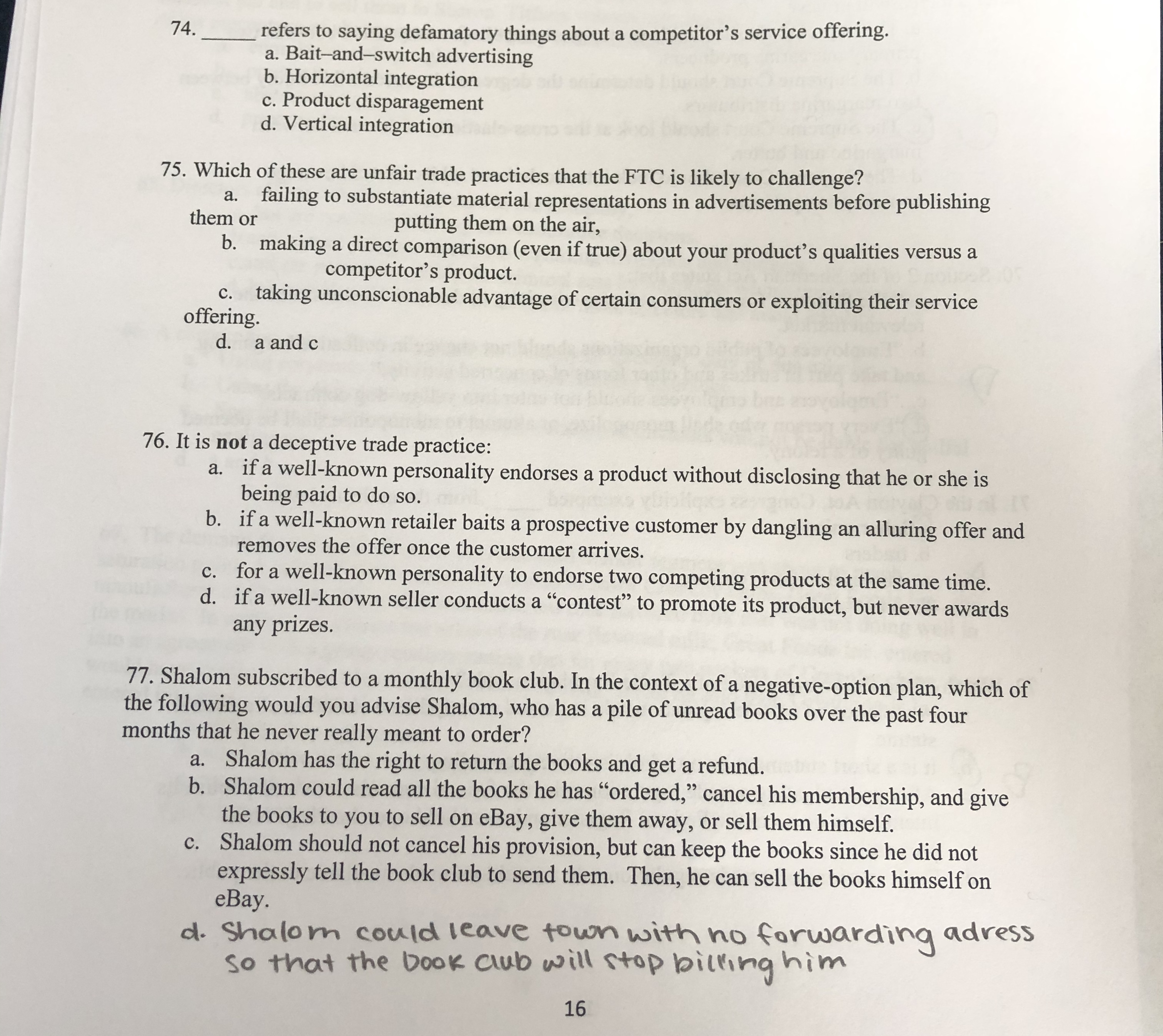 a and c 76. It is not a deceptive trade practice: a.