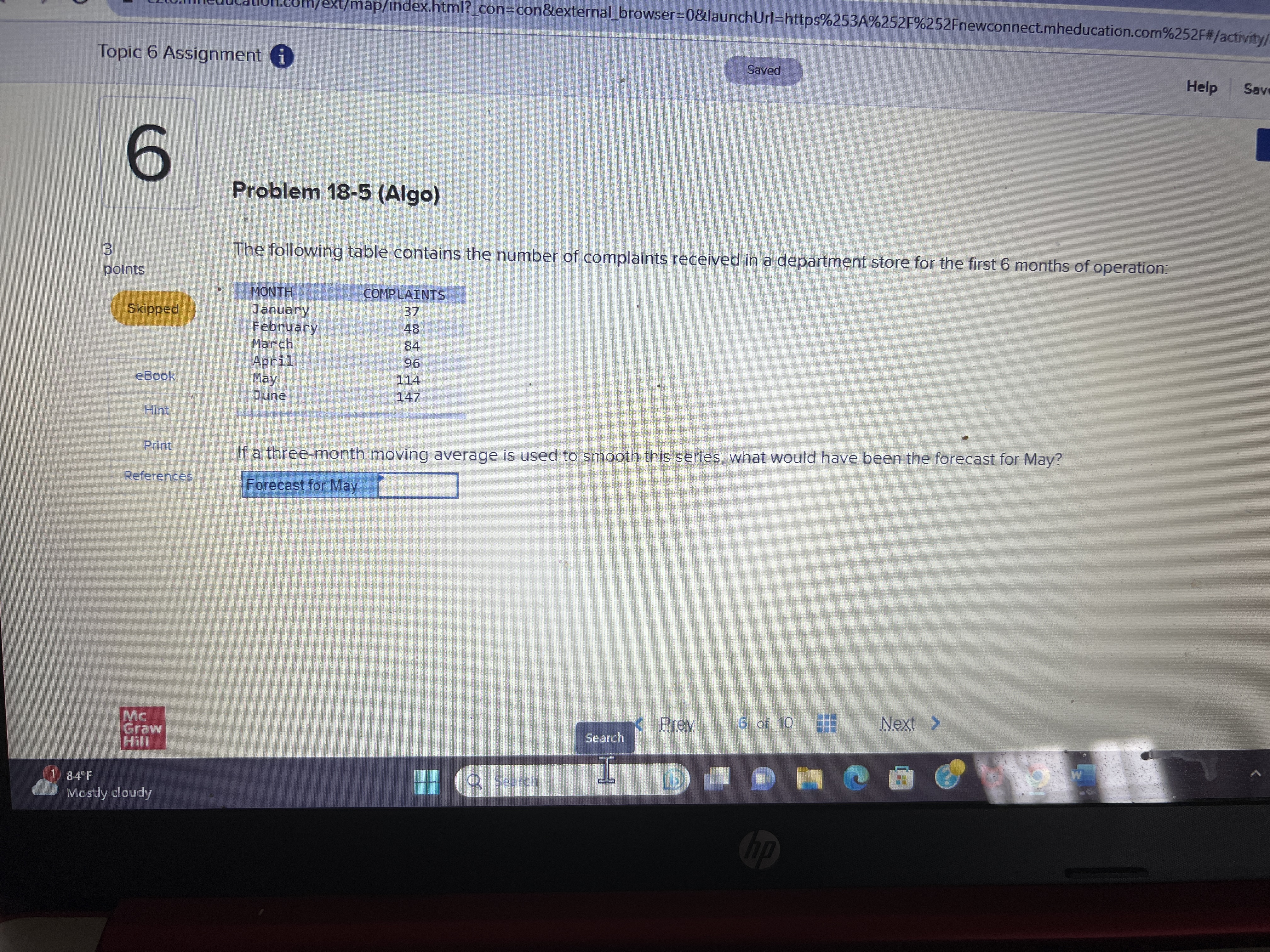 (Algo) The following table contains the number of complaints received in a