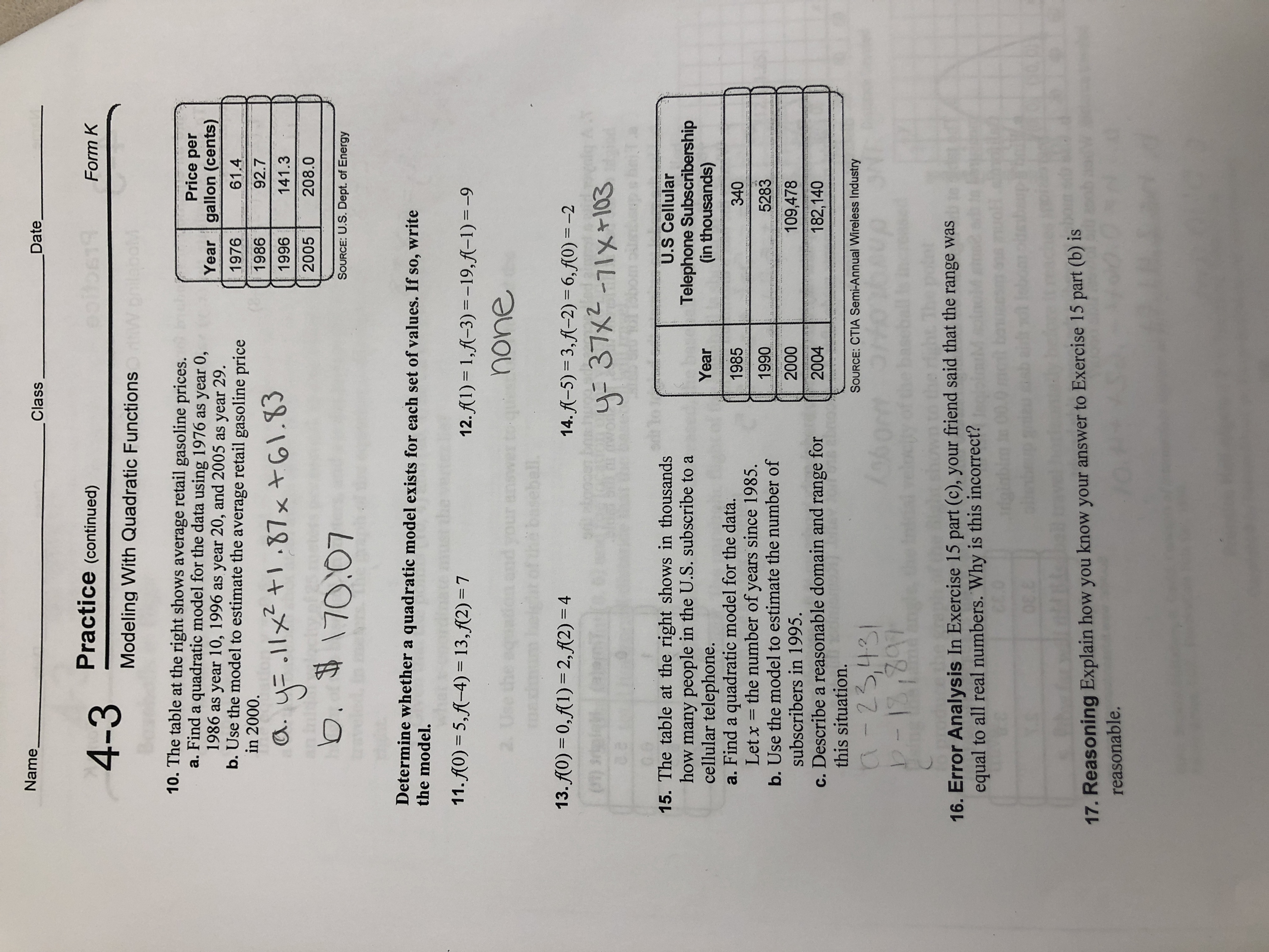  Name_ Class Date_ 4-3 Practice (continued) Form K Modeling With Quadratic