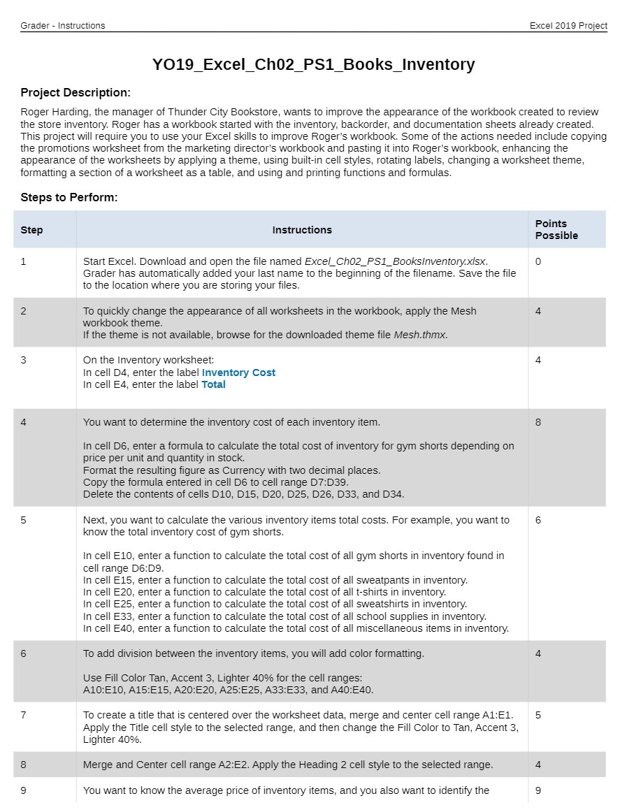 Grader - Instructions Excel 2019 Project YO19_Excel_Ch02_PS1_Books_Inventory Project Description: Roger Harding,