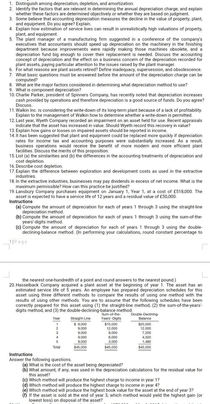 Answer these question . Distinguish among depreciation, depletion, and amortization. 2. Identify