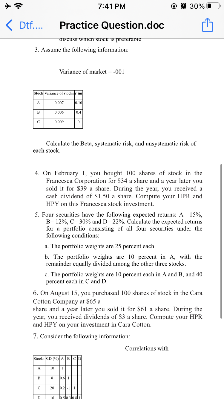 < Dtf 7:41 PM Practice Question.doc 3. Assume the following information: Variance