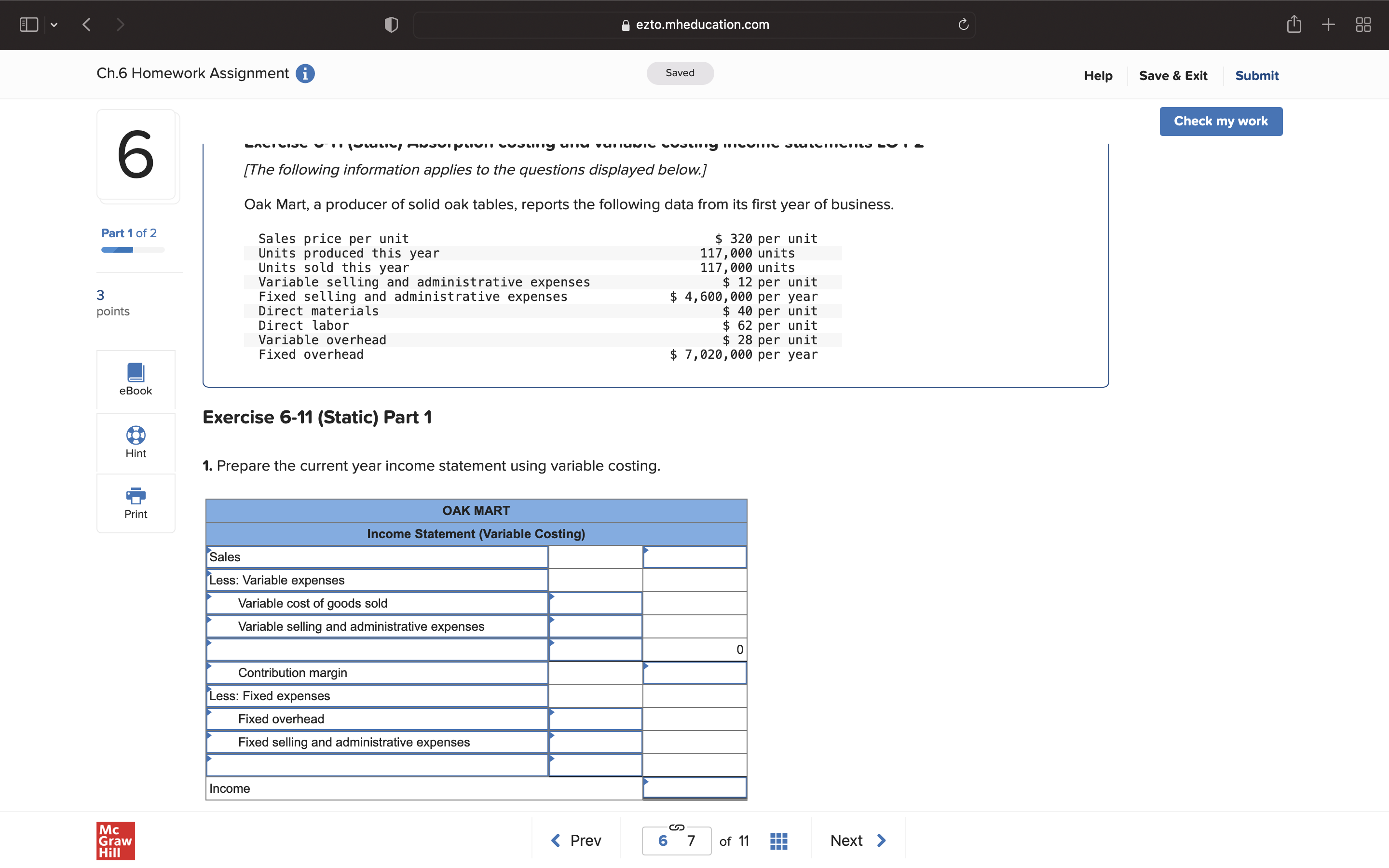  a ezto.mheducation.com C + Ch.6 Homework Assignment i Saved Help Save