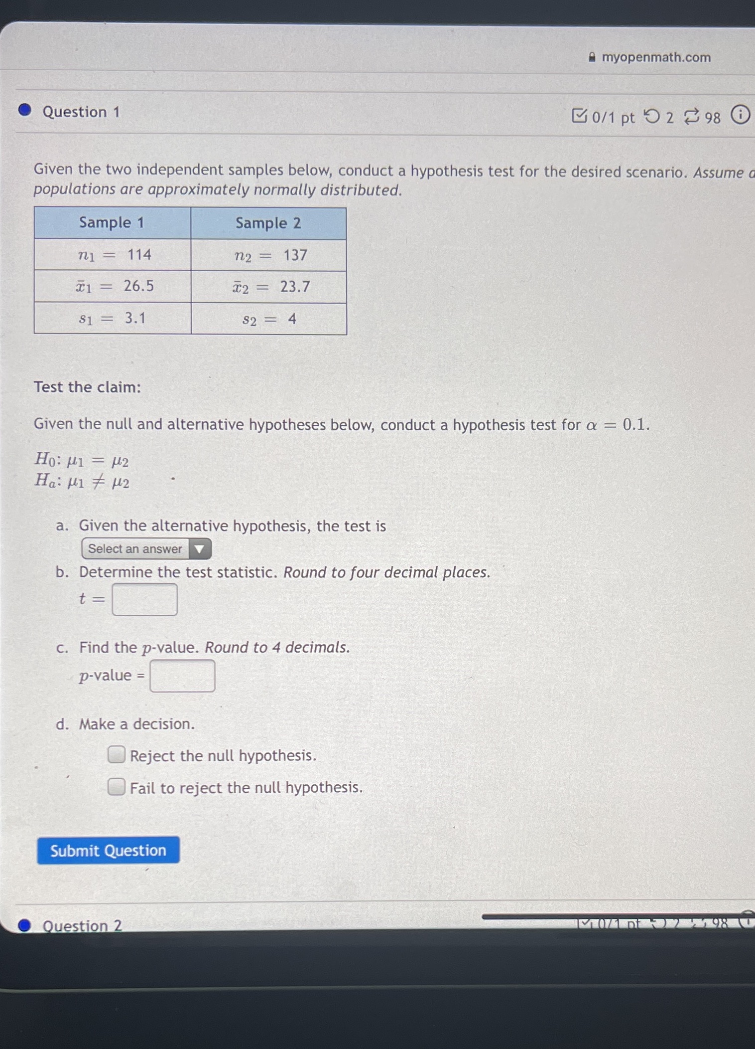 Question 1 A B C and D please myopenmath. com 0 Question