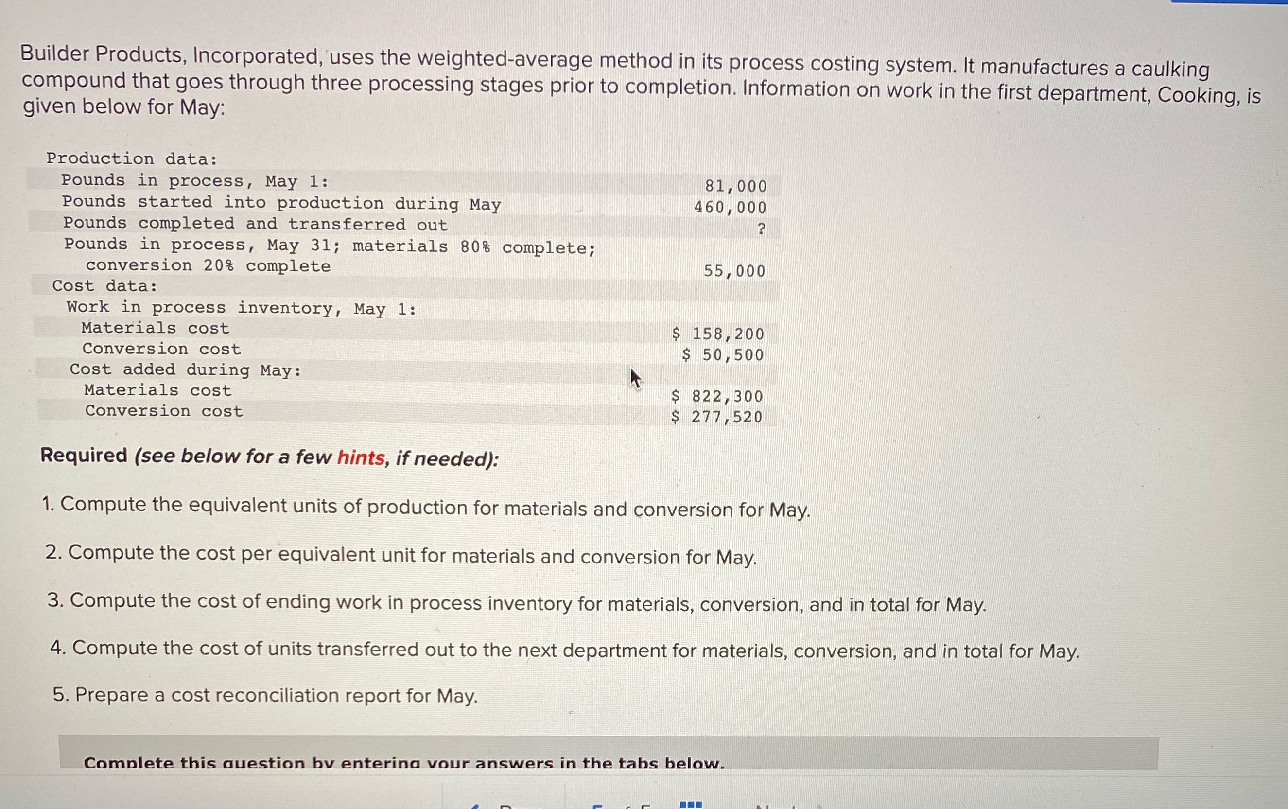  Builder Products, Incorporated, uses the weighted-average method in its process costing