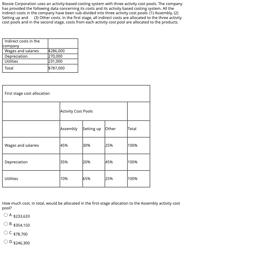 Bossie Corporation uses an activity-based costing system with three activity cost