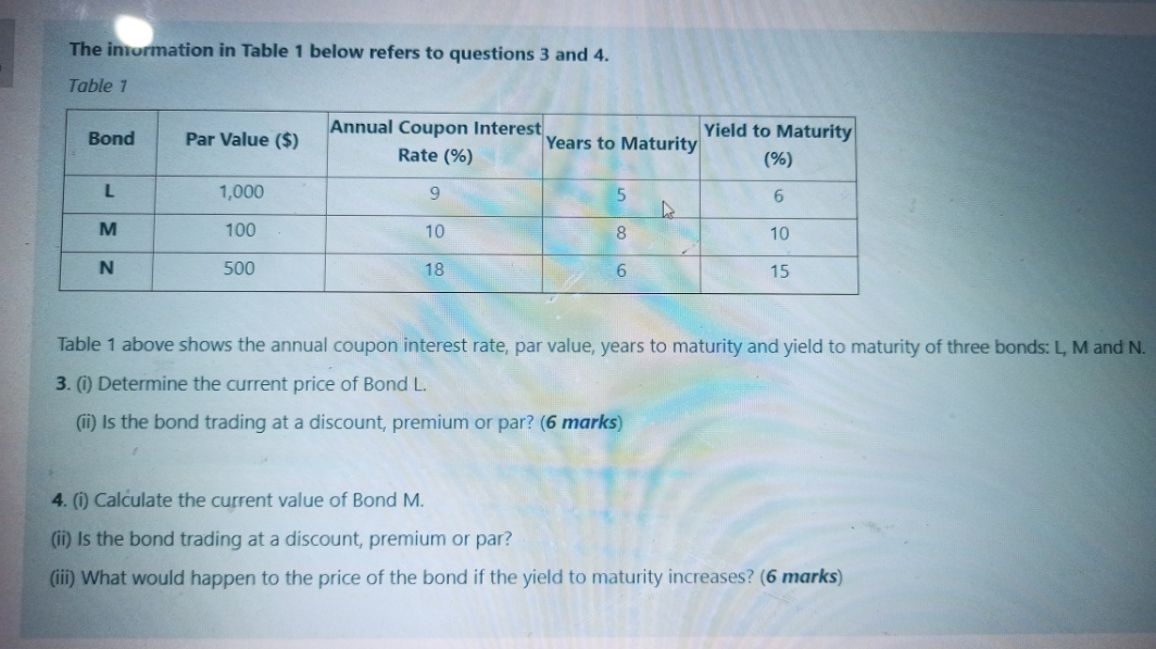 question for bonds The information in Table 1 below refers to questions