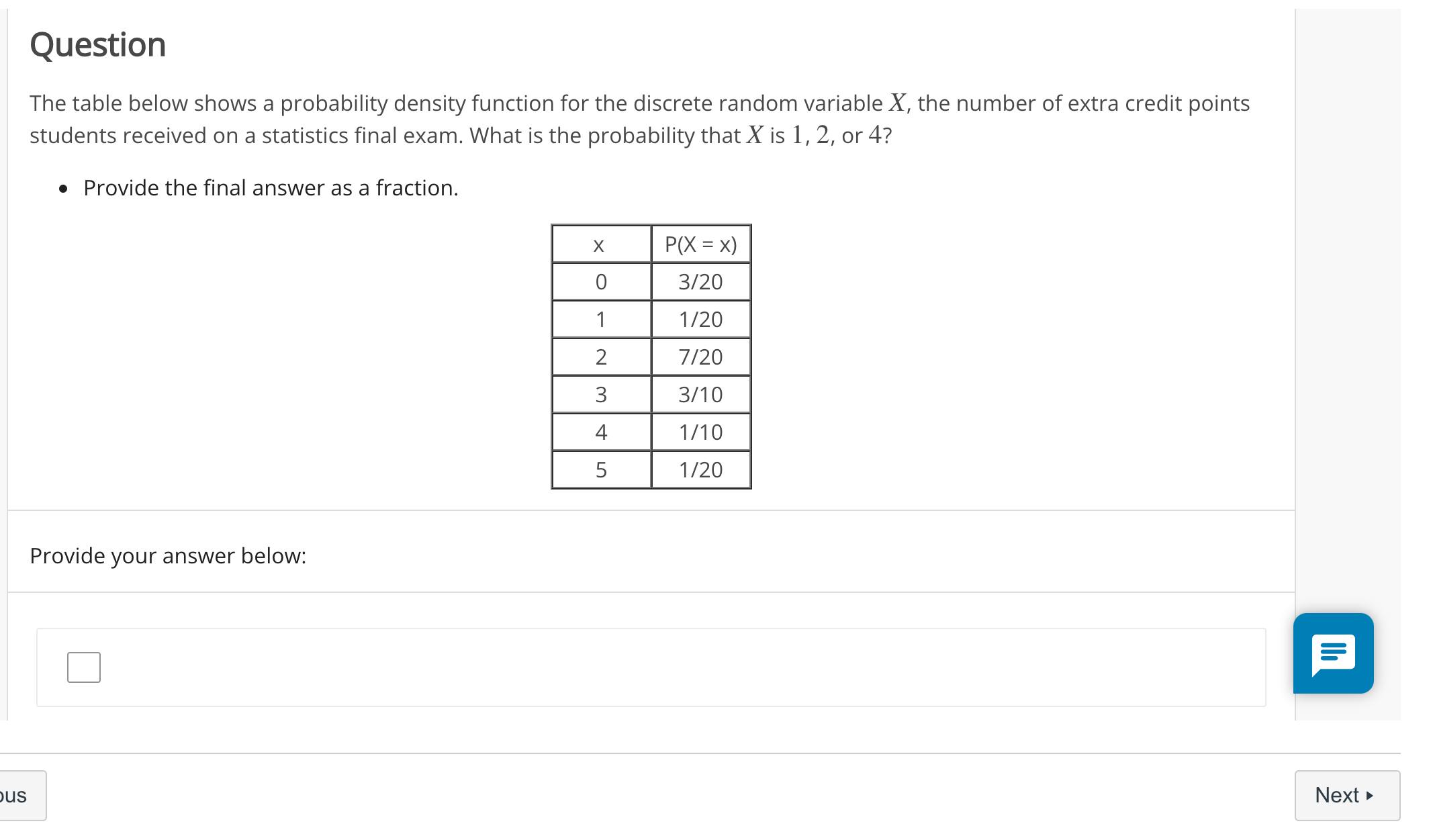  Question The table below shows a probability density function for the