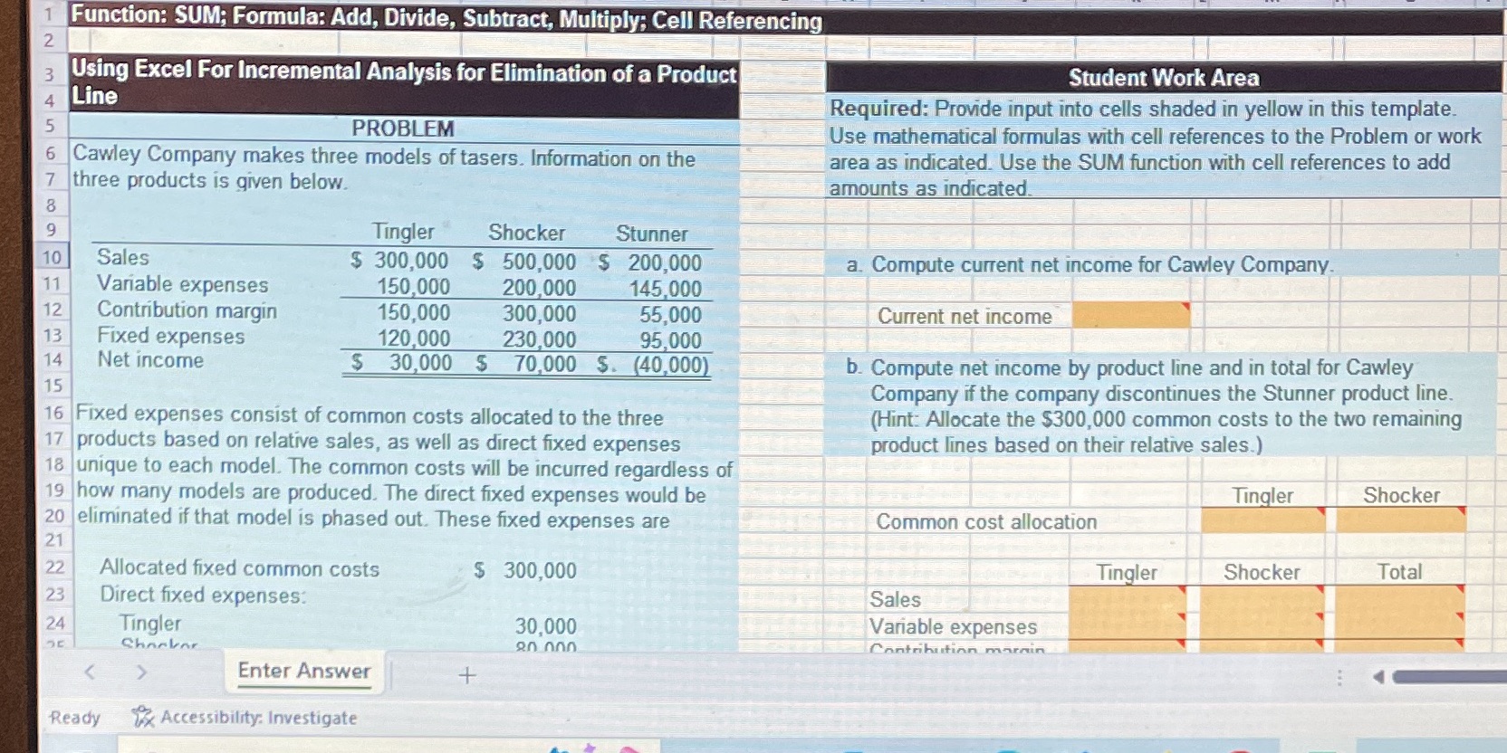 W Using Excel For Incremental Analysis for Elimination of a Product Student
