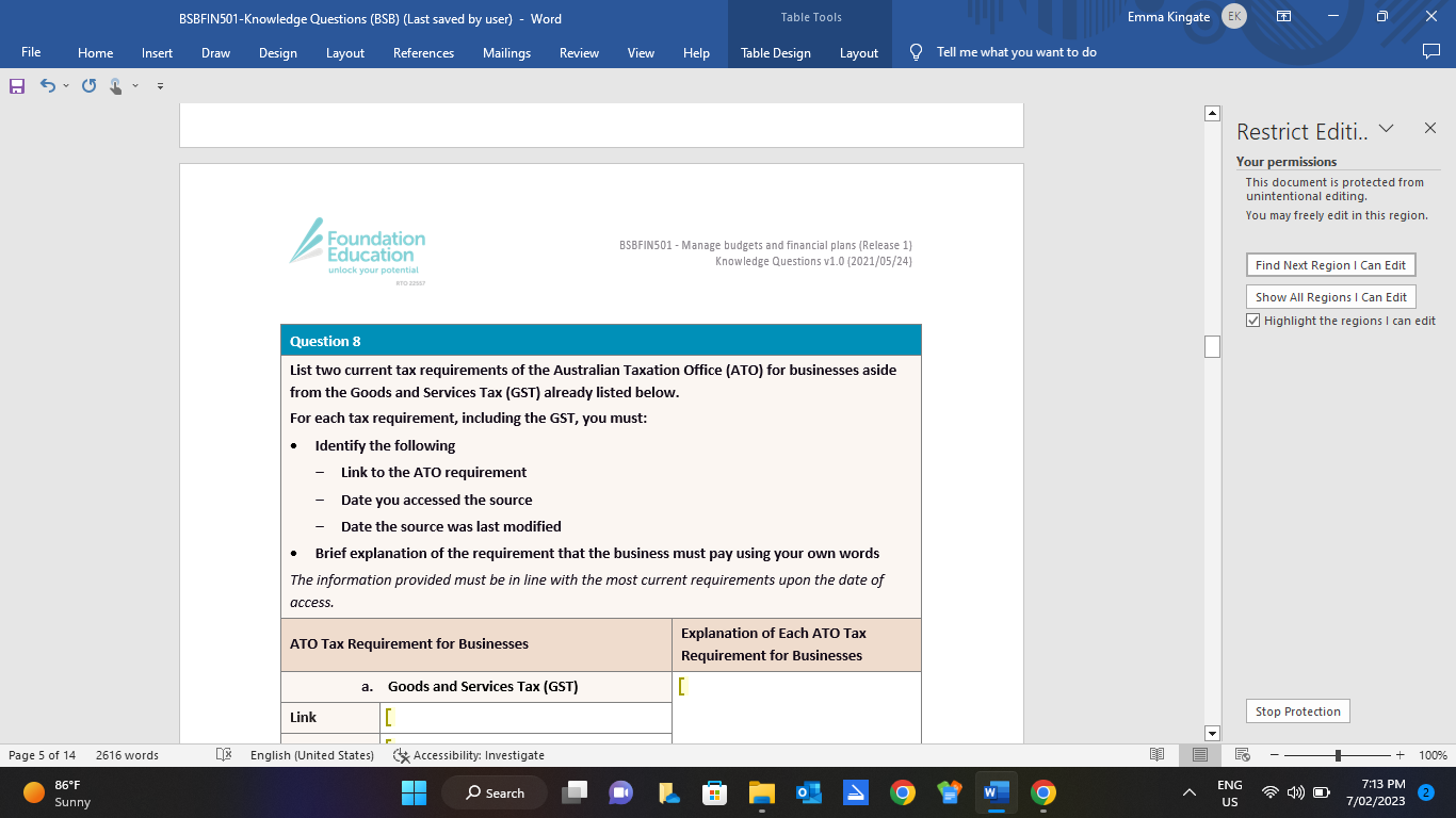 BSBFIN501-Knowledge Questions (BSB) (Last saved by user) - Word Table Tools