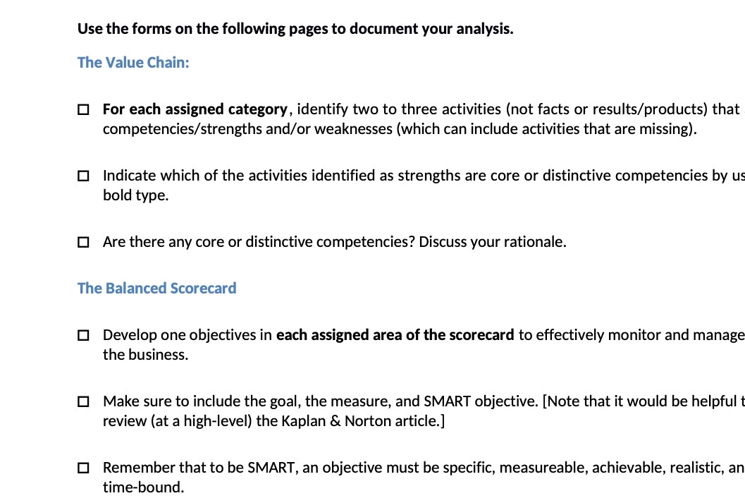 The Value Chain: O For each assigned category, identify two to three