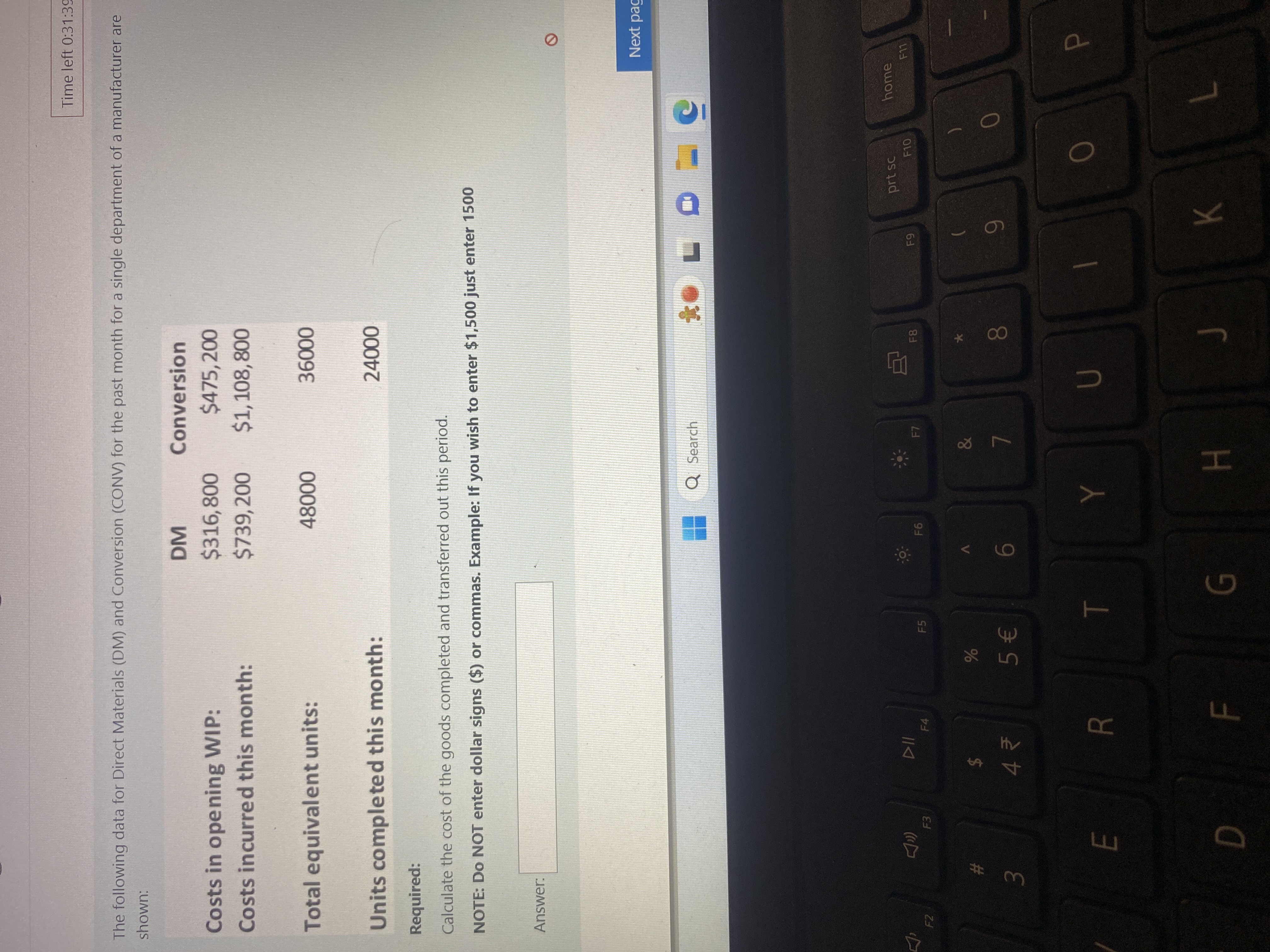 Conversion (CONV) for the past month for a single department of a