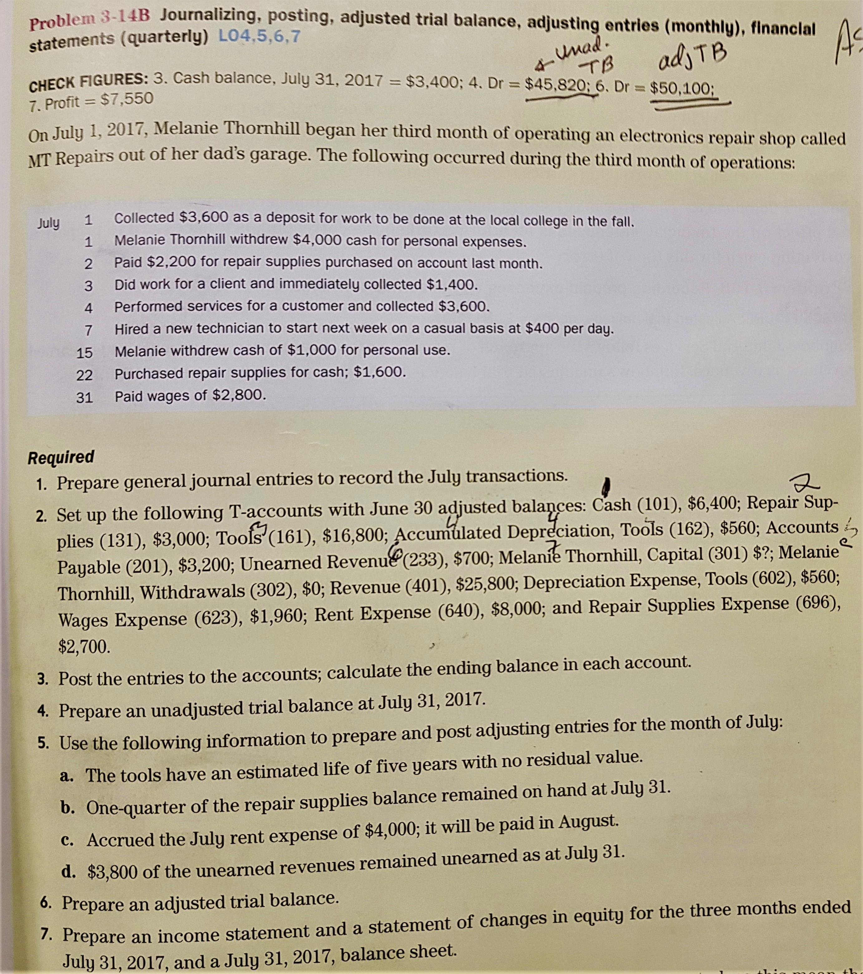 Problem 3-14B Journalizing, posting, adjusted trial balance, adjusting entries (monthly), financial statements