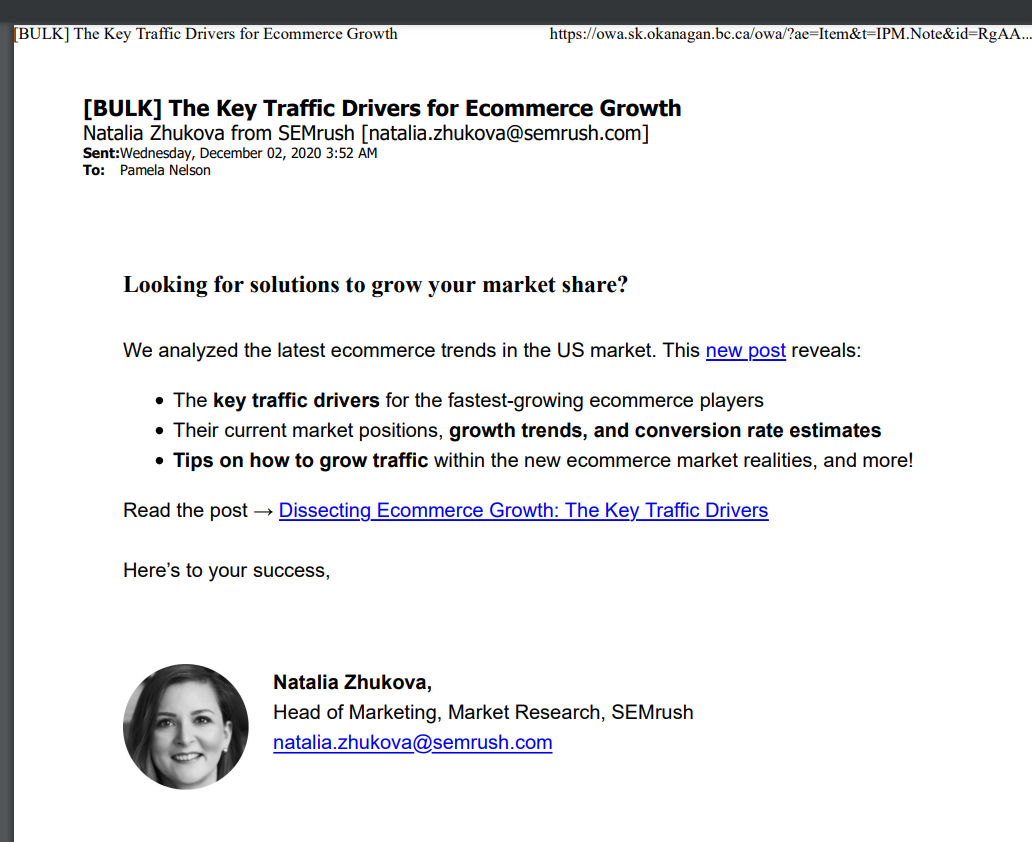 Key Traffic Drivers for Ecommerce Growth Natalia Zhukova from SEMrush [natalia.zhukova@semrush.com] Sent:Wednesday,