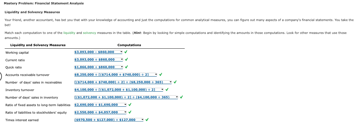 Mastery Problem: Financial Statement Analysis Liquidity and Solvency Measures Your friend,