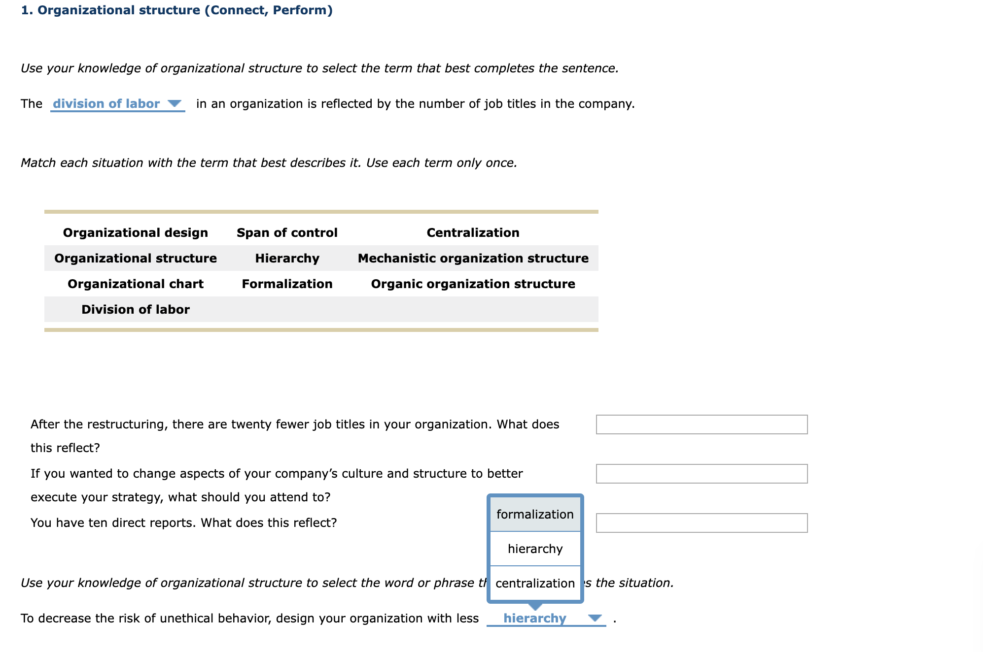of control Centralization Organizational structure Hierarchy Mechanistic organization structure Organizational chart Formalization