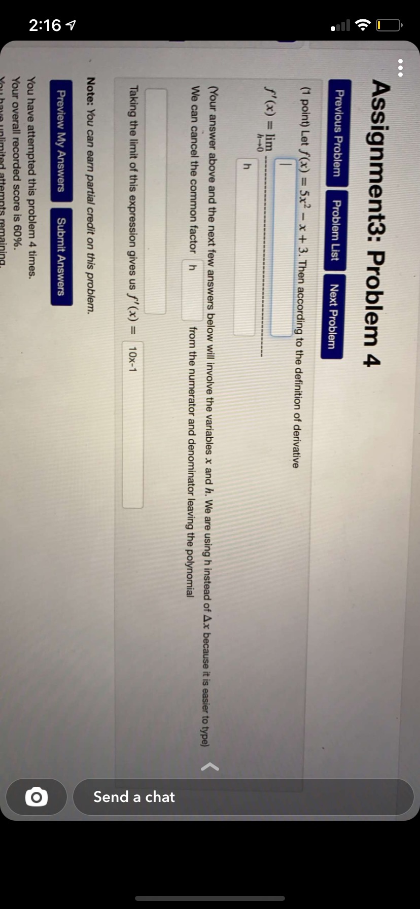 Let f(x) = 5x2 - x + 3. Then according to the