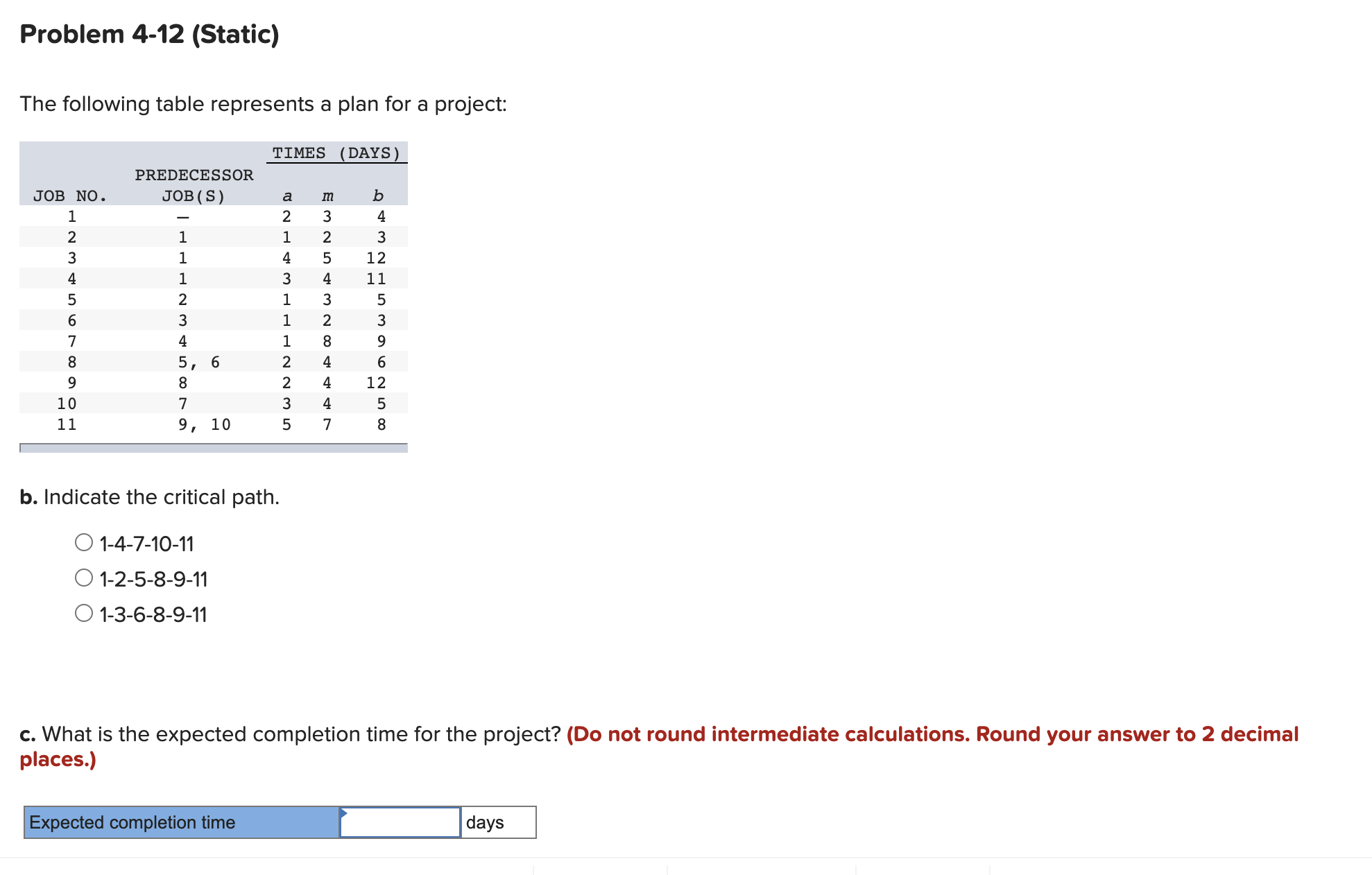  Problem 4-12 (Static) The following table represents a plan for a