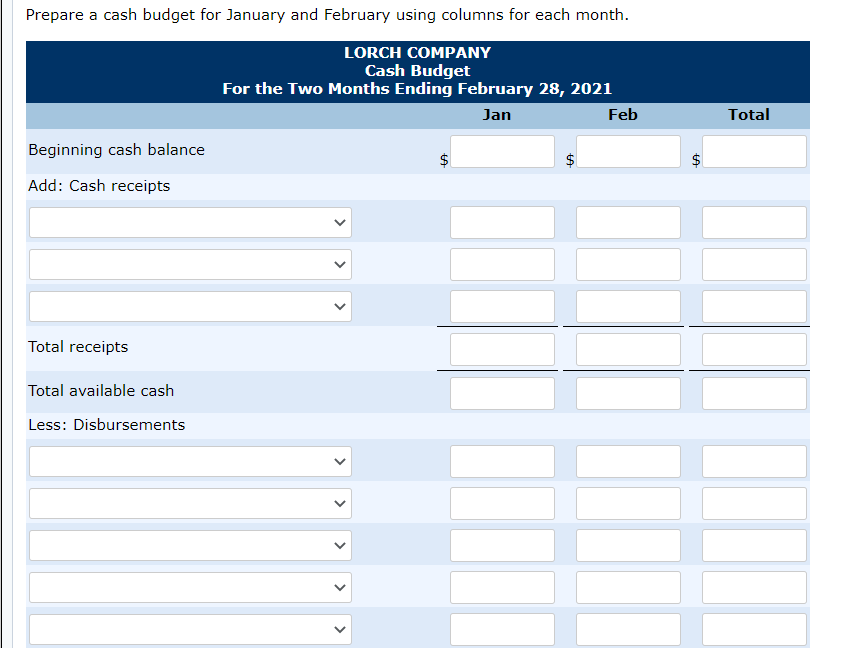  Lorch Company prepares monthly cash budgets. Relevant data from operating budgets