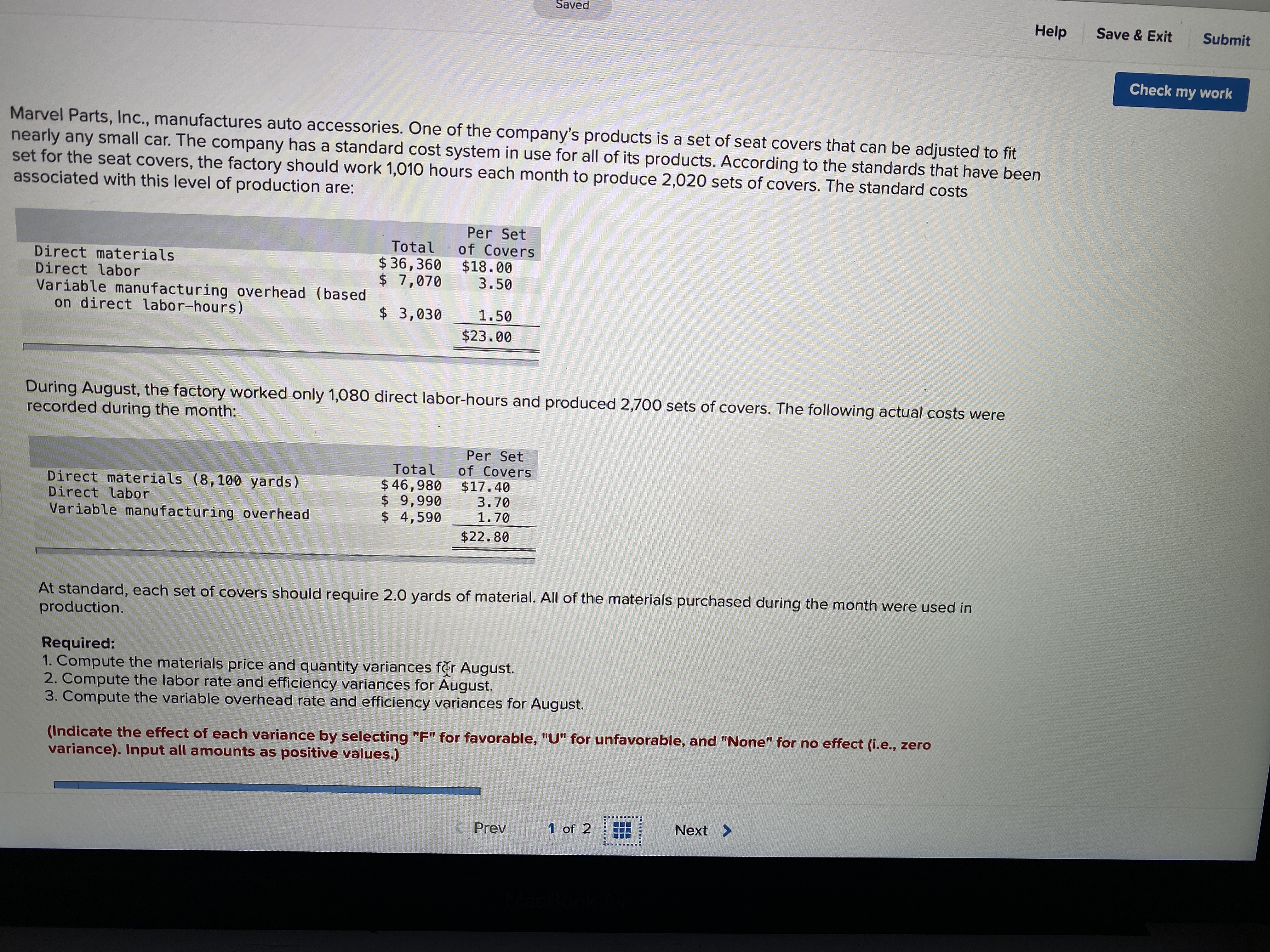 Help Save & Exit Submit Check my work Marvel Parts, Inc.,