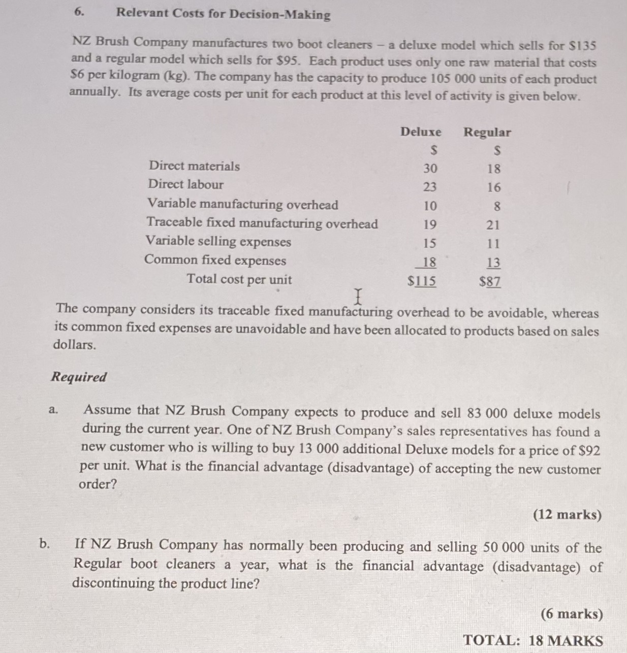 Please help me quickly 6. Relevant Costs for Decision-Making NZ Brush Company