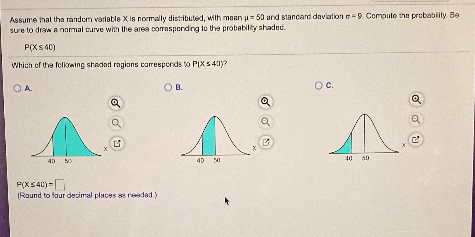 u = 50 and standard deviation o = 9. Compute the probability.