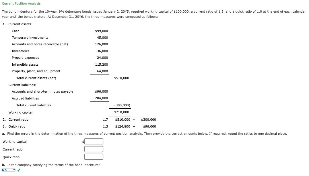 Current Position Analysis The bond indenture for the 10-year, 9% debenture