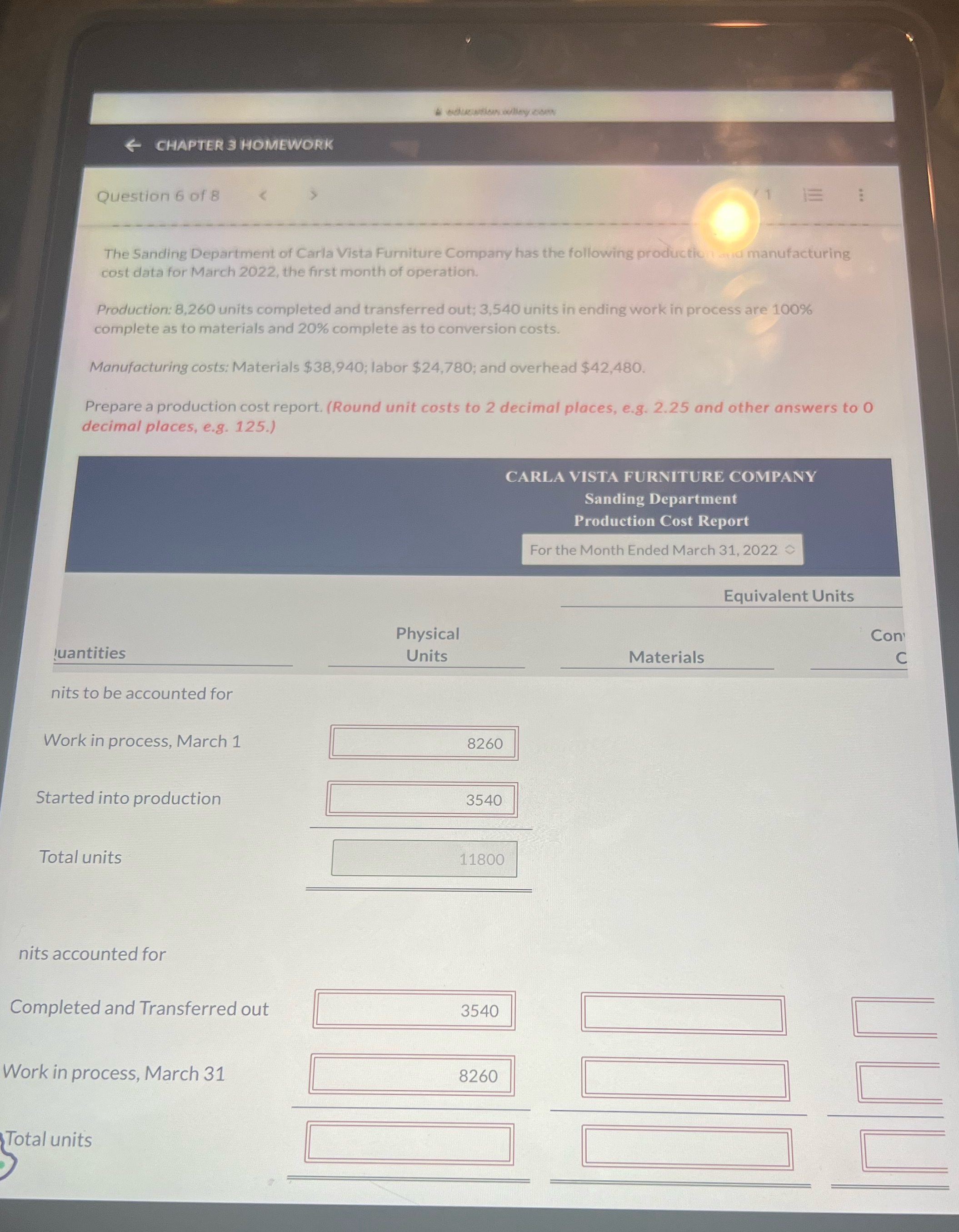 Please help me CHAPTER 3 HOMEWORK Question 6 of B The Sanding