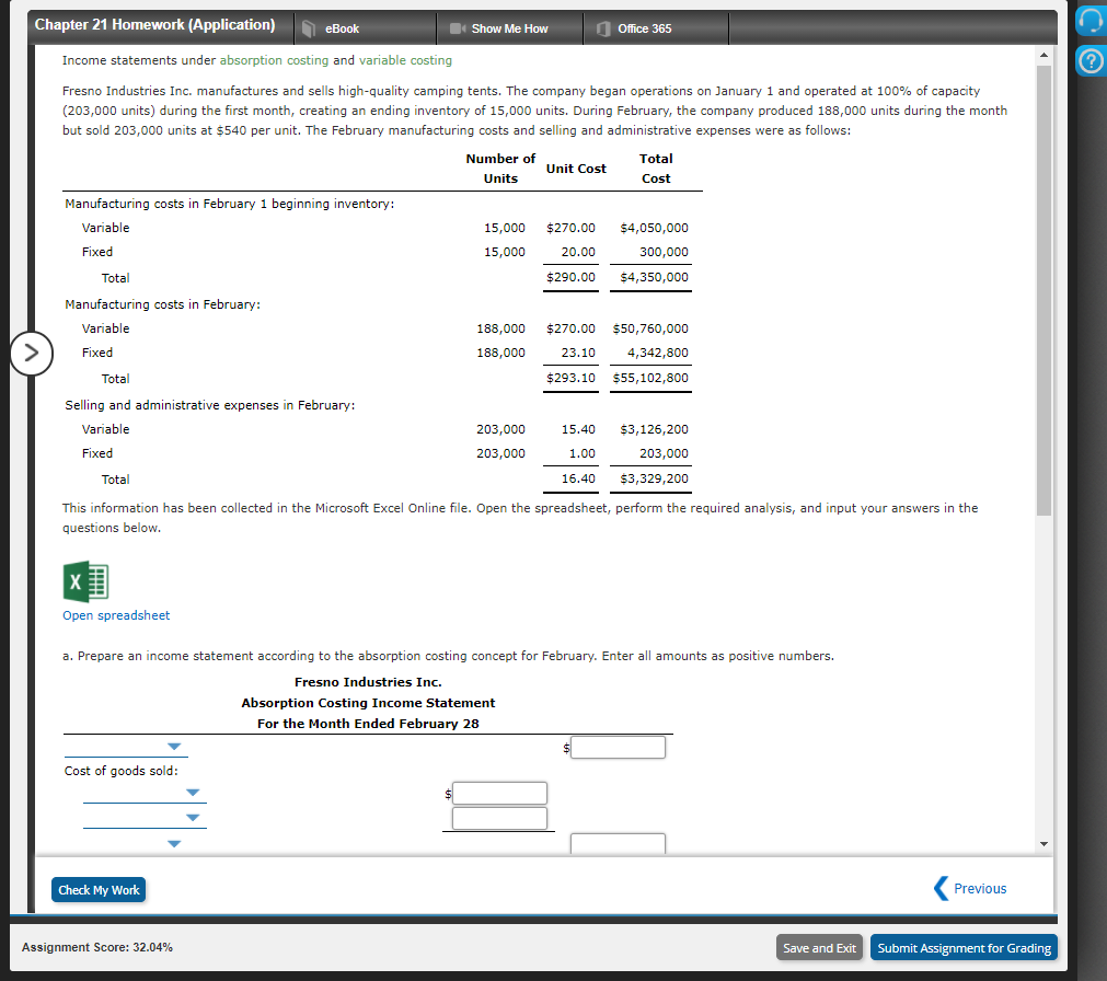 in the question below. Open spreadsheet Determine the cost of the finished
