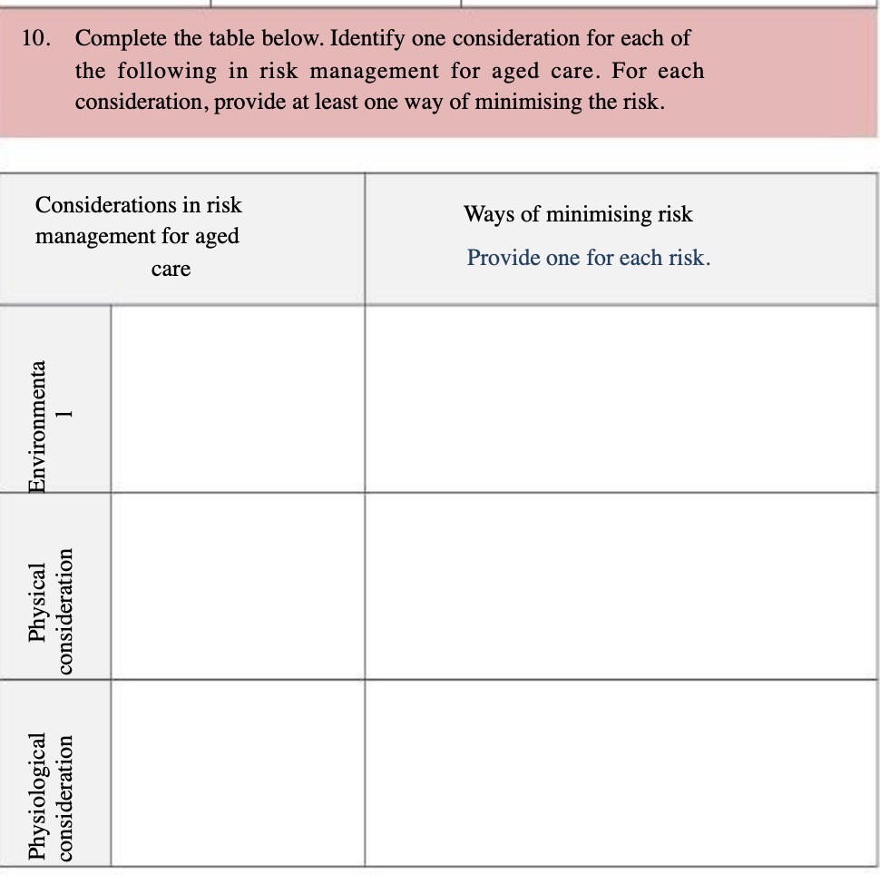  10. Complete the table below. Identify one consideration for each of