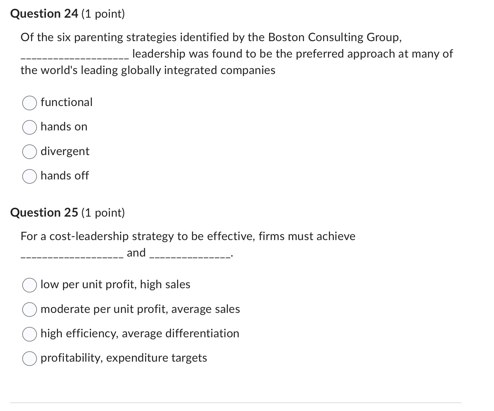 Question 14 (1 point) Corporate parents can create value for their organizations